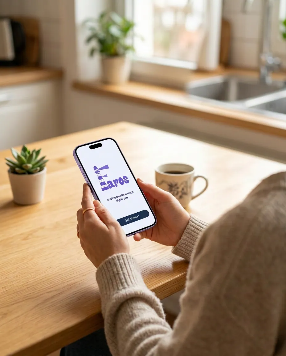 FAROS app displayed on a phone held at a kitchen table