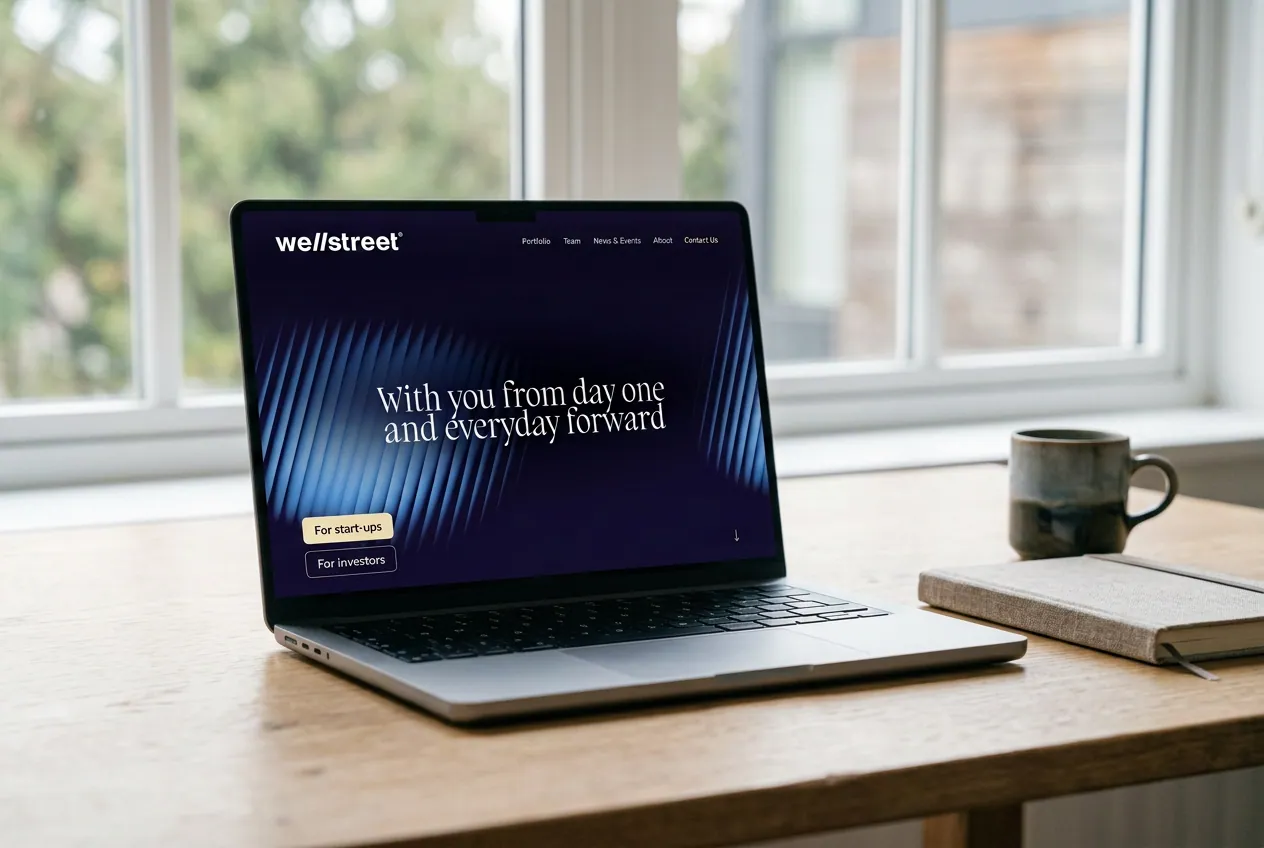 Wellstreet website displayed on a laptop by a window