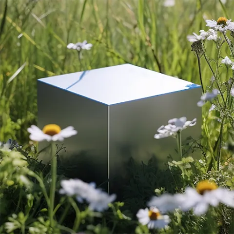 Reflective cube AR installation placed in a meadow